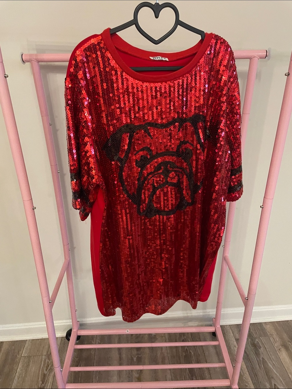 Georgia Boot Red Sequin Mini Dress with Black Bulldog Motif